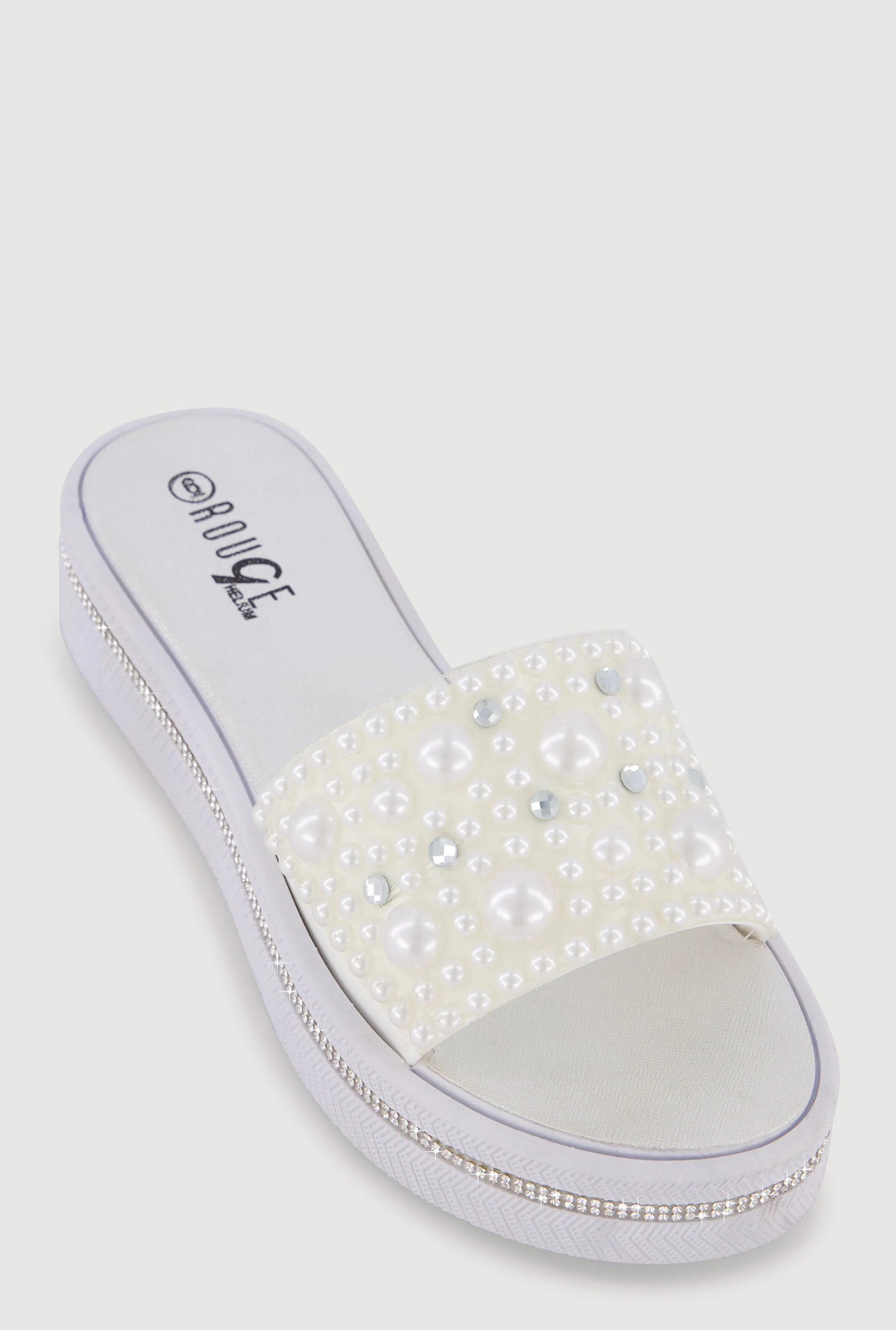Rhinestone Trim Faux Pearl Band Slide Sandals sold by Rainbow