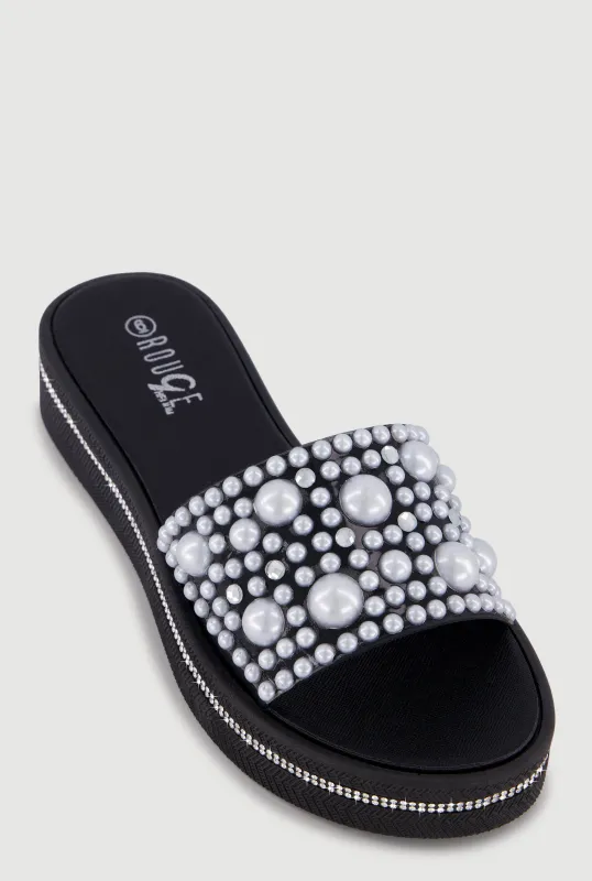 Rhinestone Trim Faux Pearl Band Slide Sandals made by Rainbow