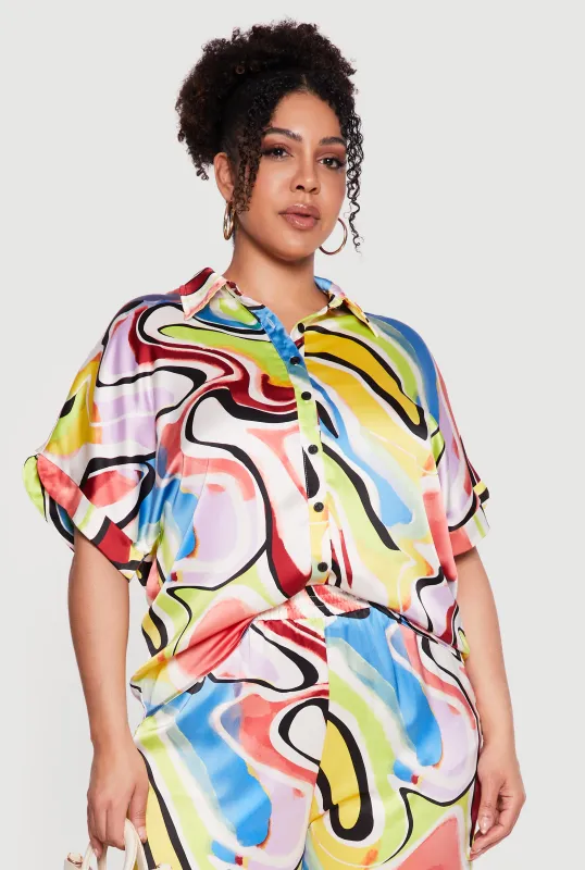 Plus Size Satin Psychedelic Swirl Short Sleeve Shirt made by Rainbow