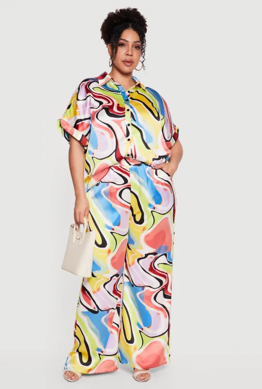 Plus Size Satin Psychedelic Swirl Palazzo Pants made by Rainbow