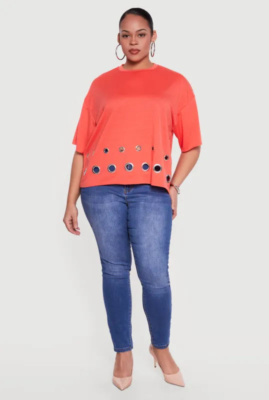 Plus Size Short Sleeve Pullover Top with Grommets made by Rainbow