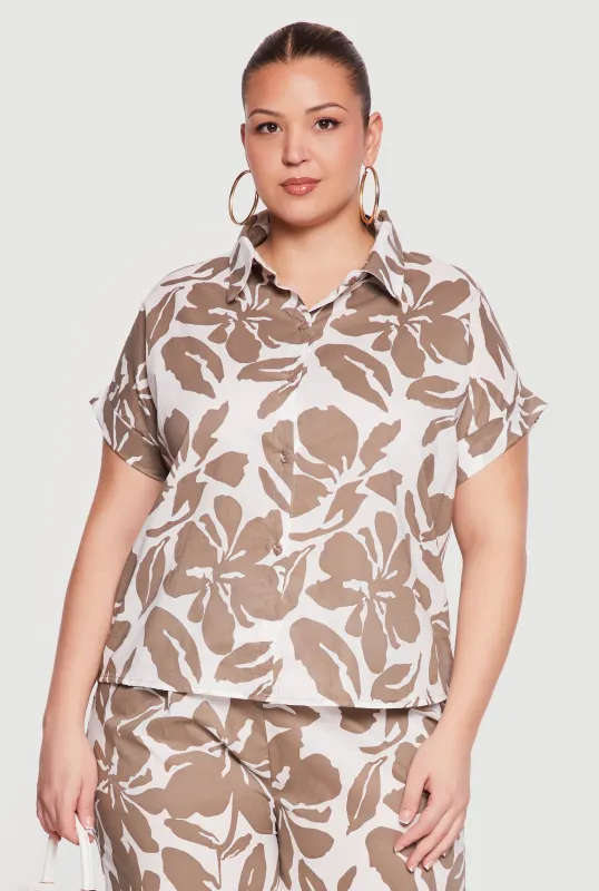 Plus Size Floral Print Button Front Shirt made by Rainbow
