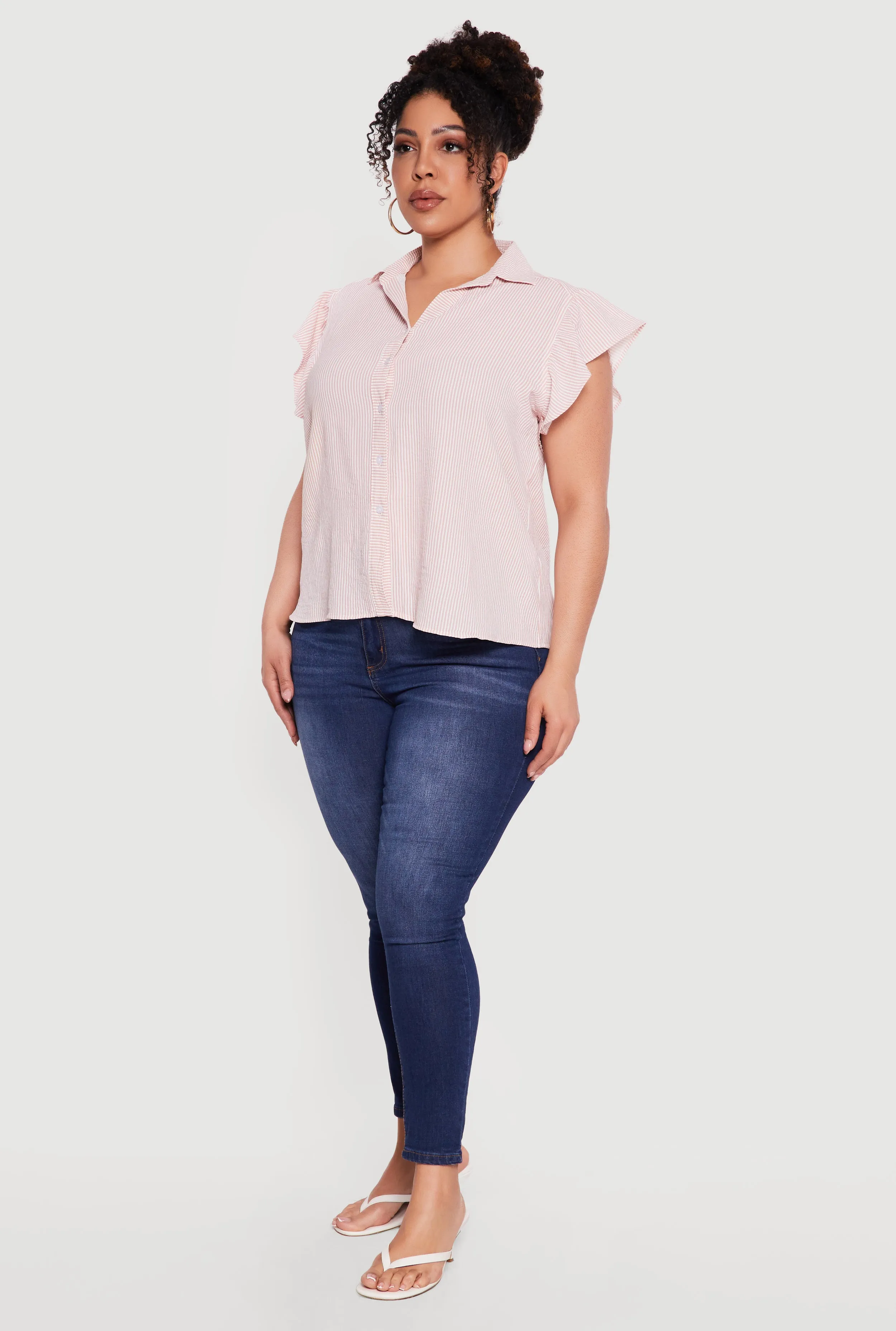 Plus Size Striped Flutter Sleeve Button Front Shirt sold by Rainbow product image thumbnail 3