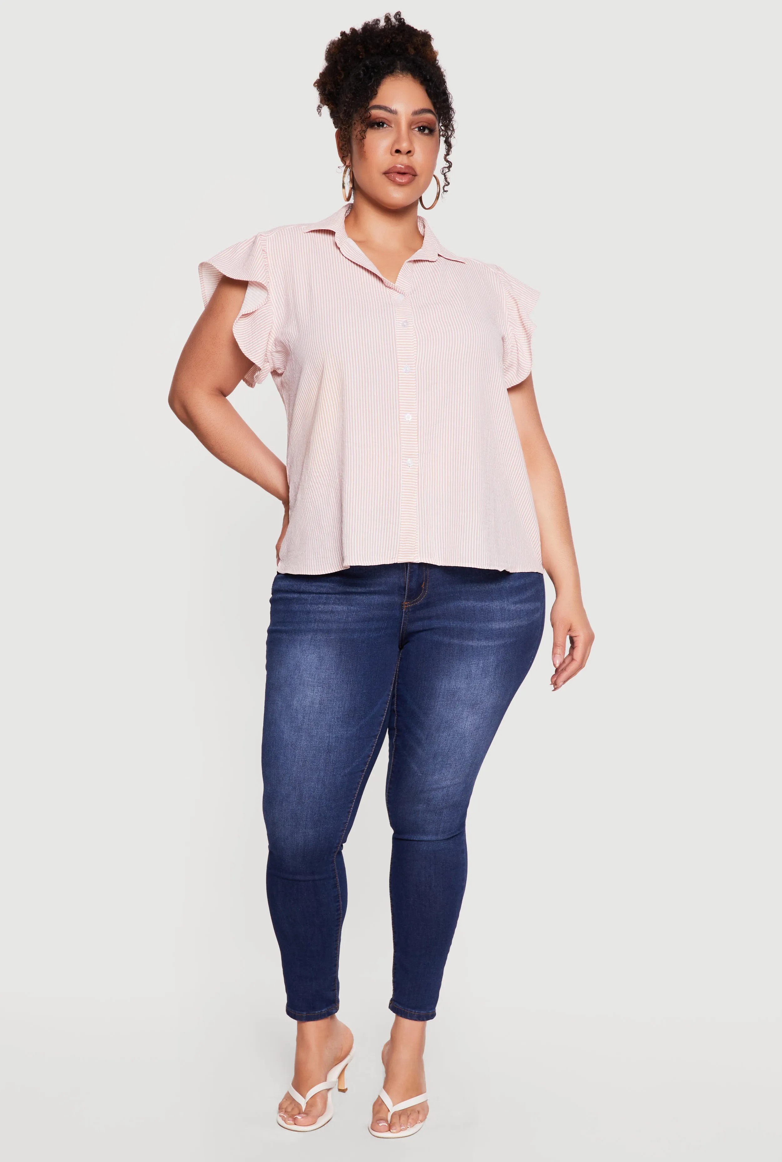 Plus Size Striped Flutter Sleeve Button Front Shirt sold by Rainbow