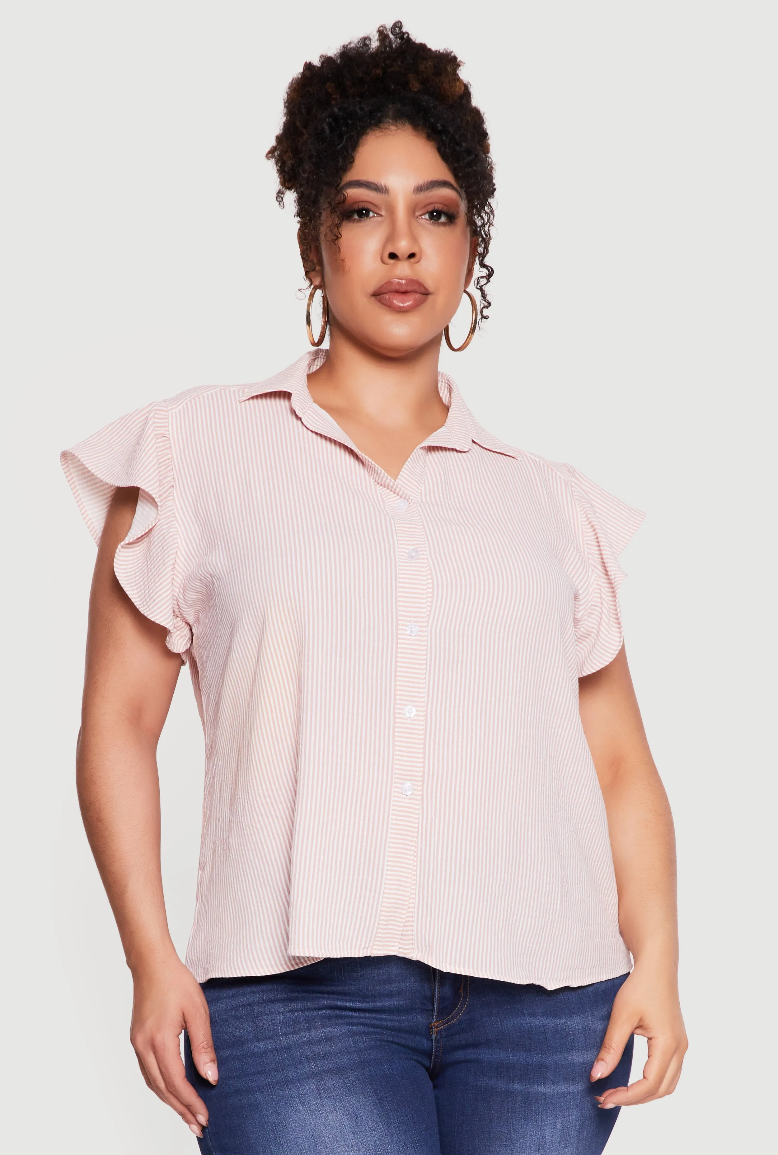 Plus Size Striped Flutter Sleeve Button Front Shirt sold by Rainbow product image thumbnail 2
