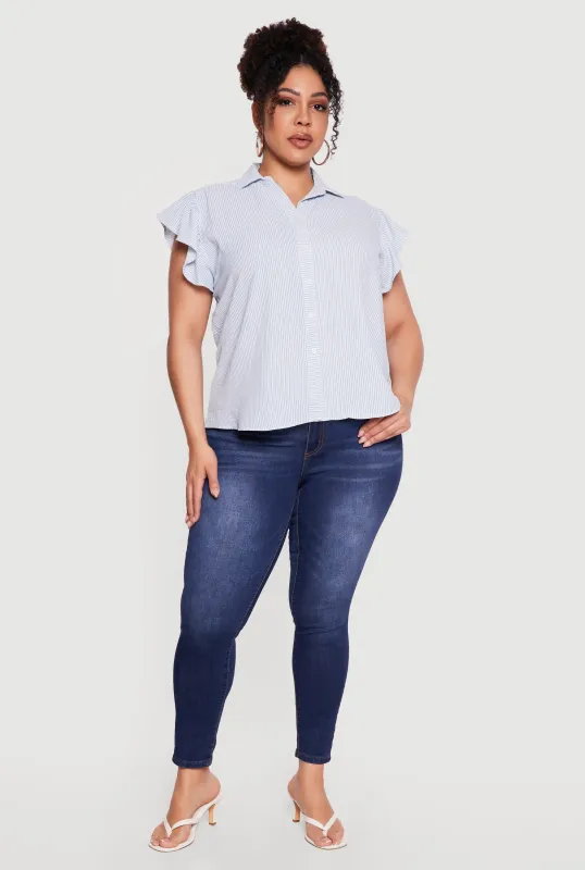Plus Size Striped Flutter Sleeve Button Front Shirt made by Rainbow