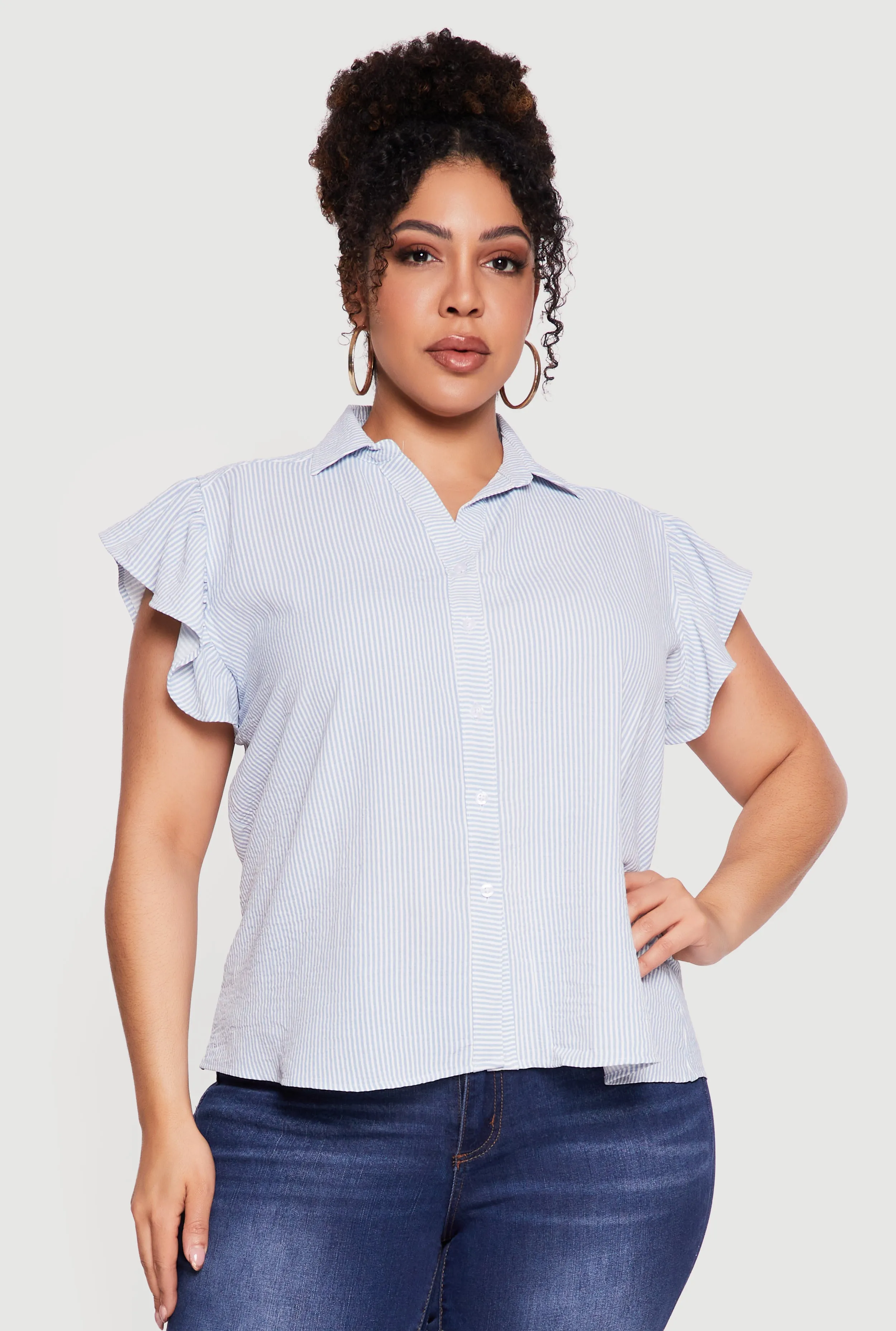 Plus Size Striped Flutter Sleeve Button Front Shirt sold by Rainbow product image thumbnail 2