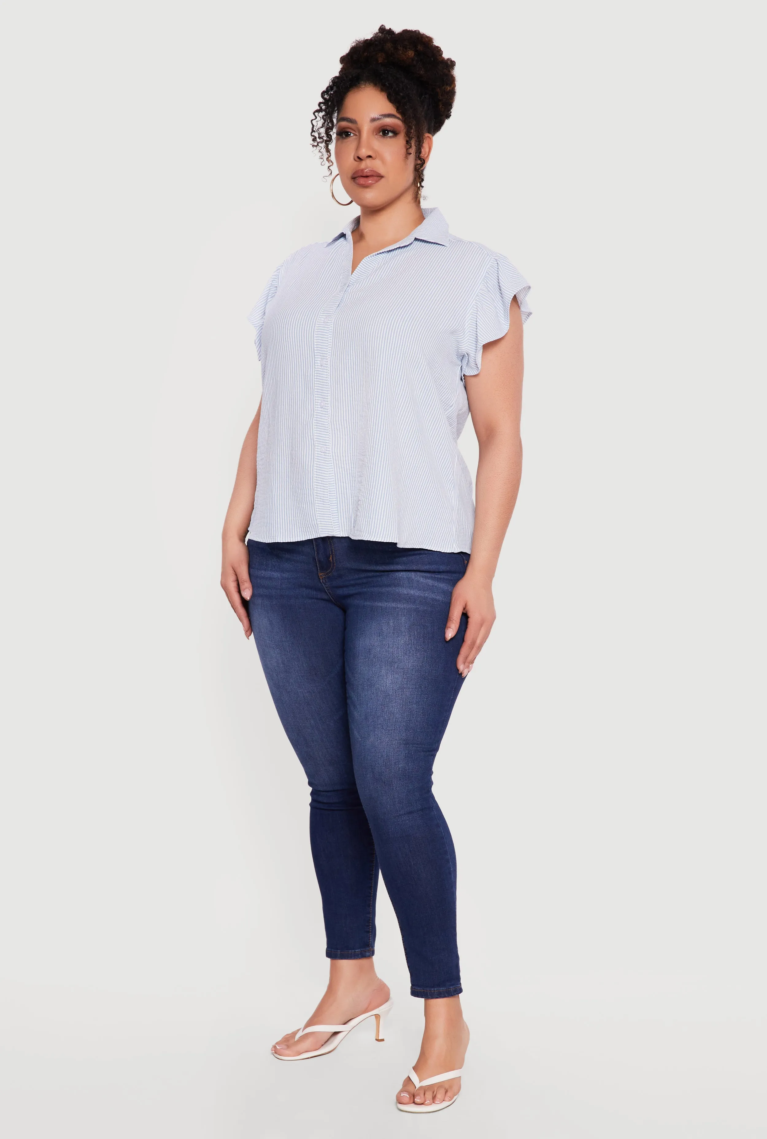 Plus Size Striped Flutter Sleeve Button Front Shirt sold by Rainbow product image thumbnail 3