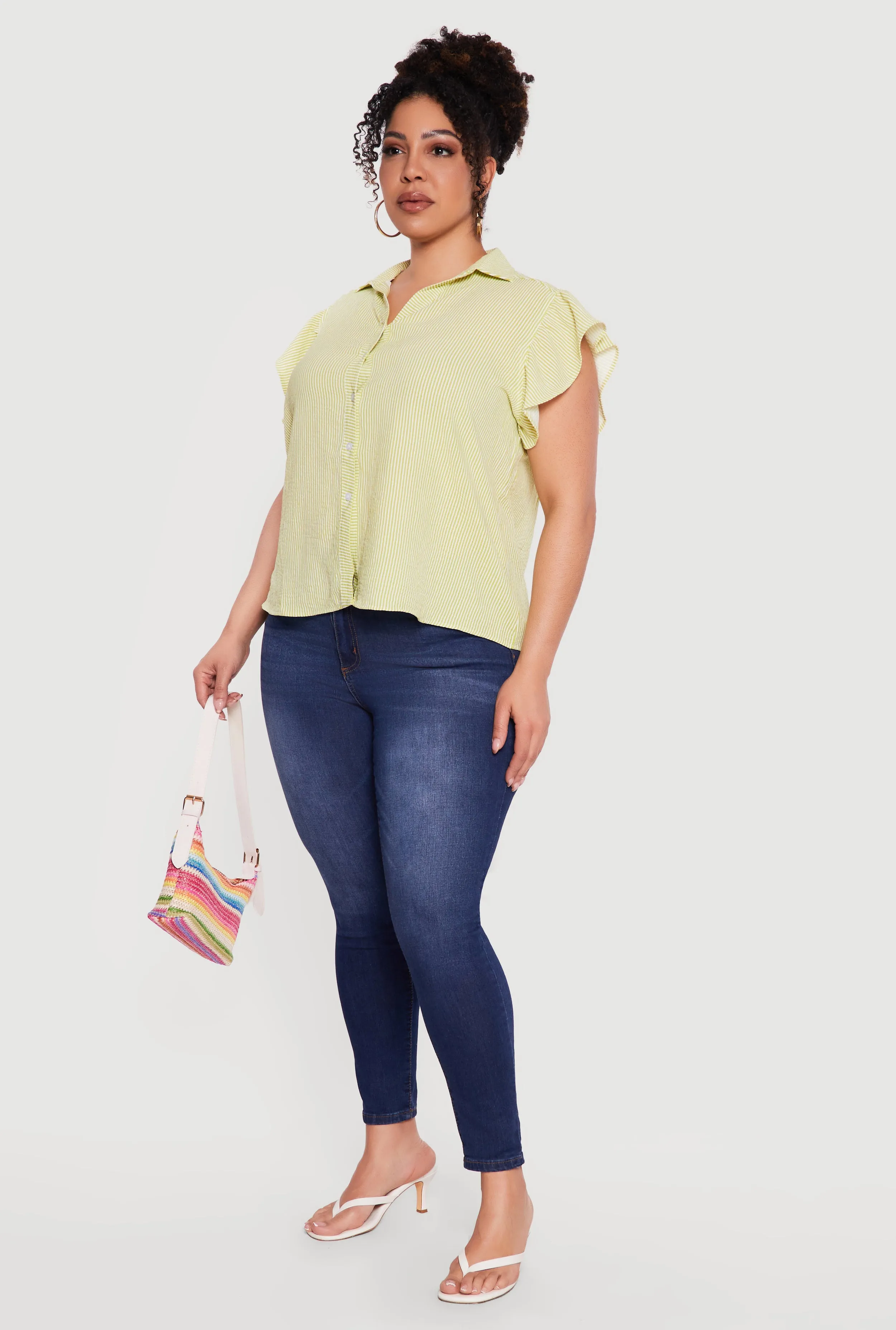 Plus Size Striped Flutter Sleeve Button Front Shirt sold by Rainbow product image thumbnail 3