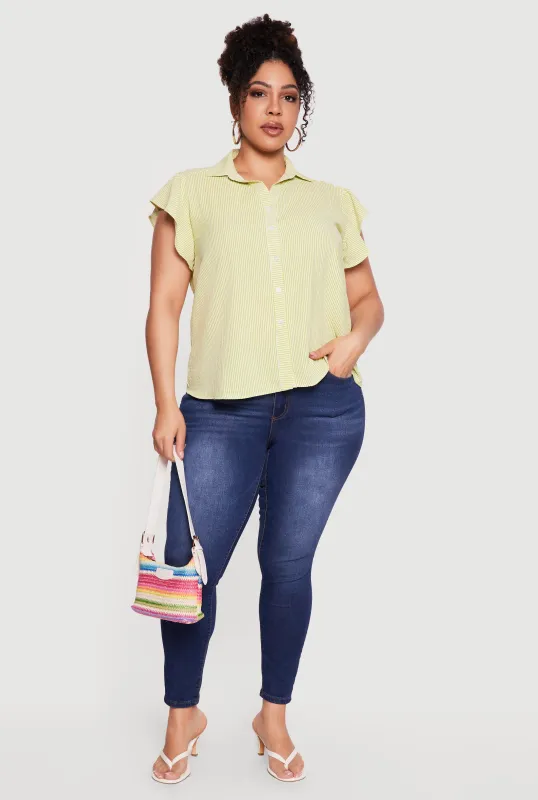 Plus Size Striped Flutter Sleeve Button Front Shirt made by Rainbow