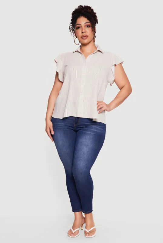 Plus Size Striped Flutter Sleeve Button Front Shirt made by Rainbow