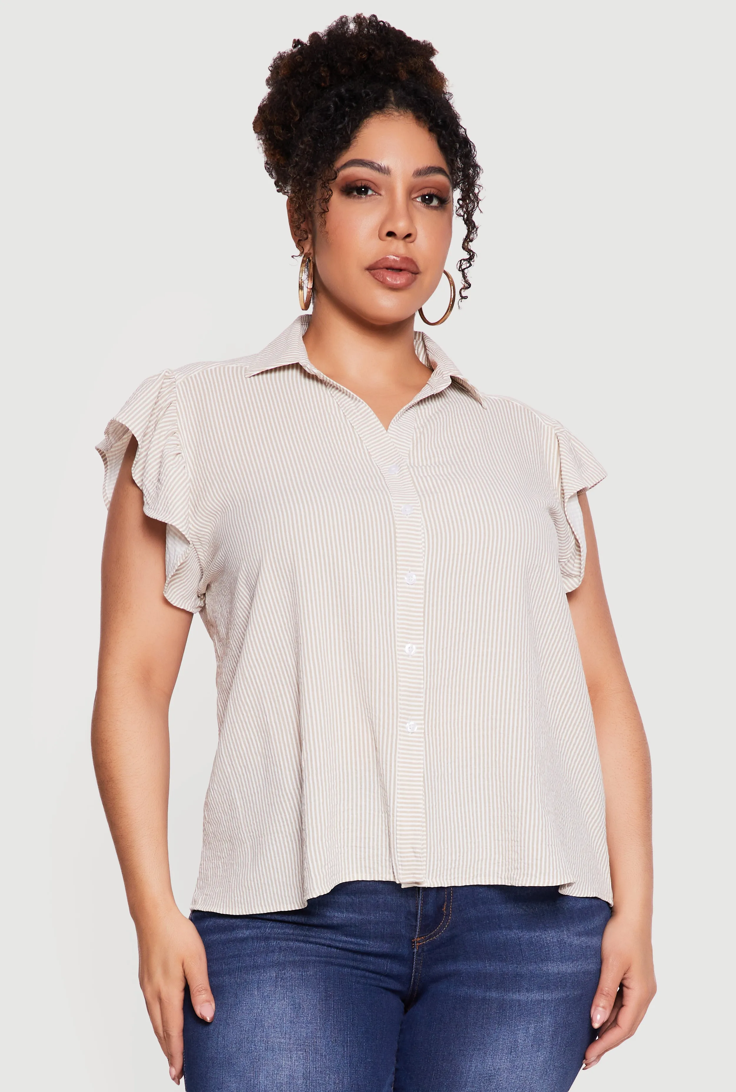 Plus Size Striped Flutter Sleeve Button Front Shirt sold by Rainbow product image thumbnail 2