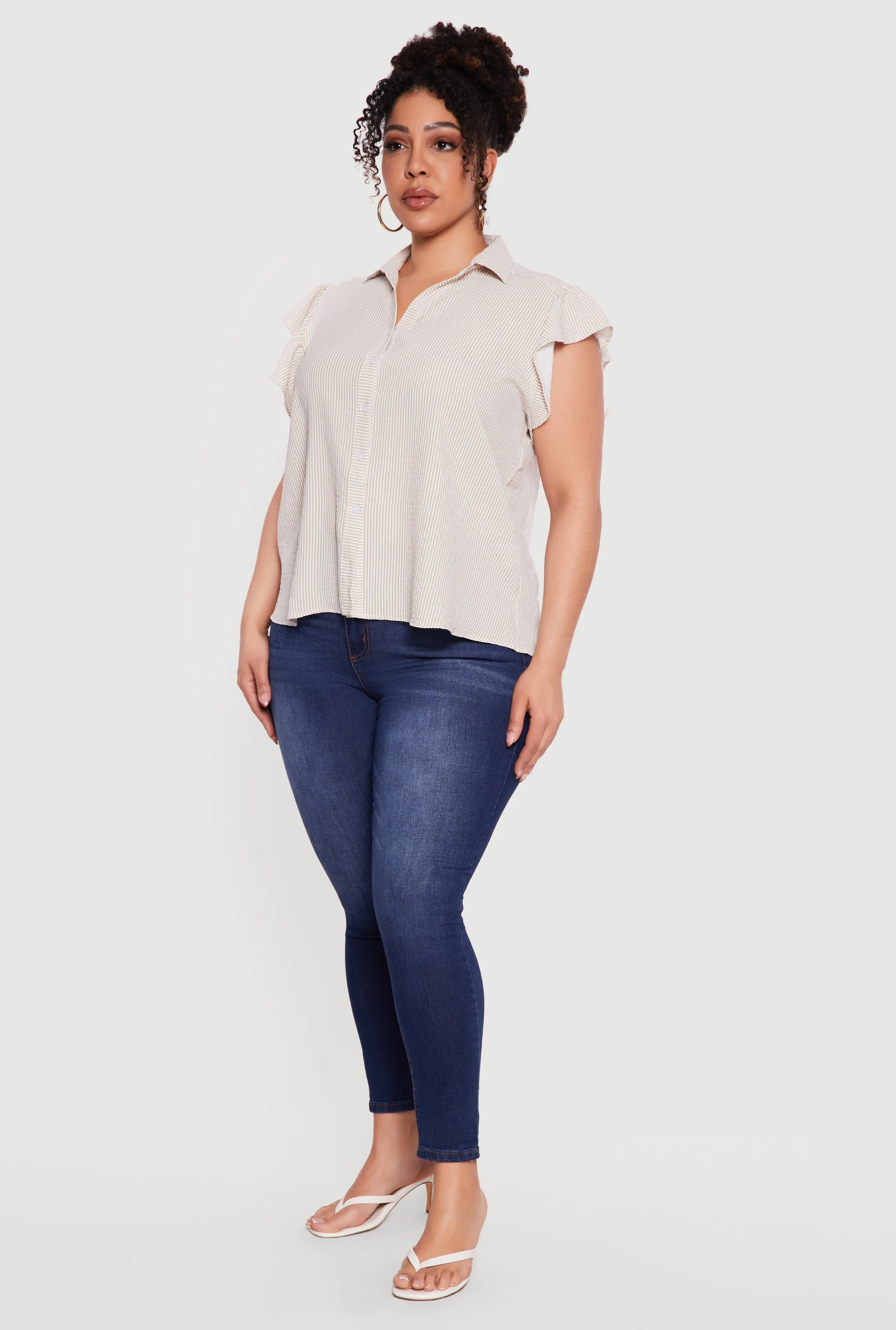 Plus Size Striped Flutter Sleeve Button Front Shirt sold by Rainbow product image thumbnail 3