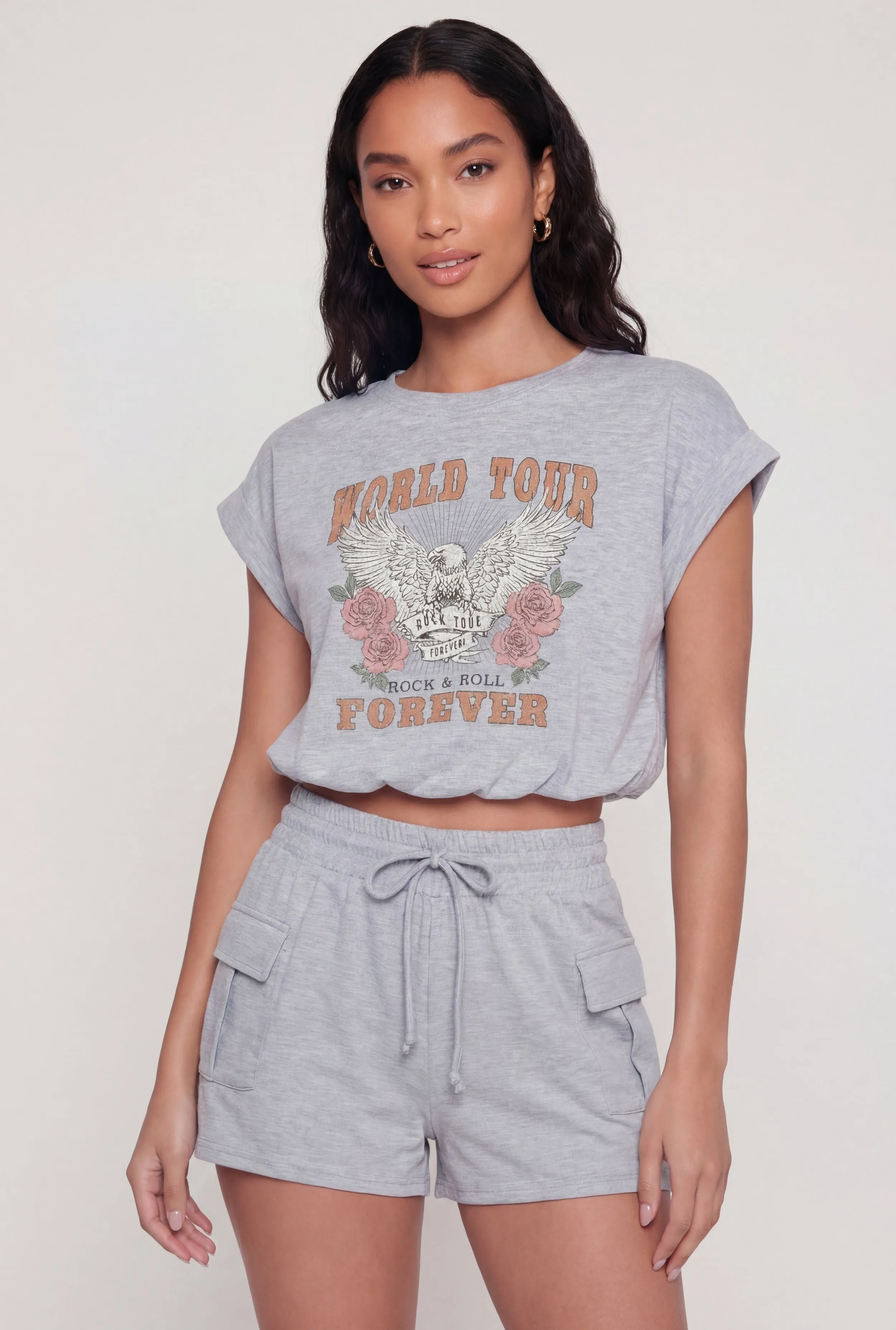 World Tour Graphic Bubble Hem Crop Top sold by Rainbow