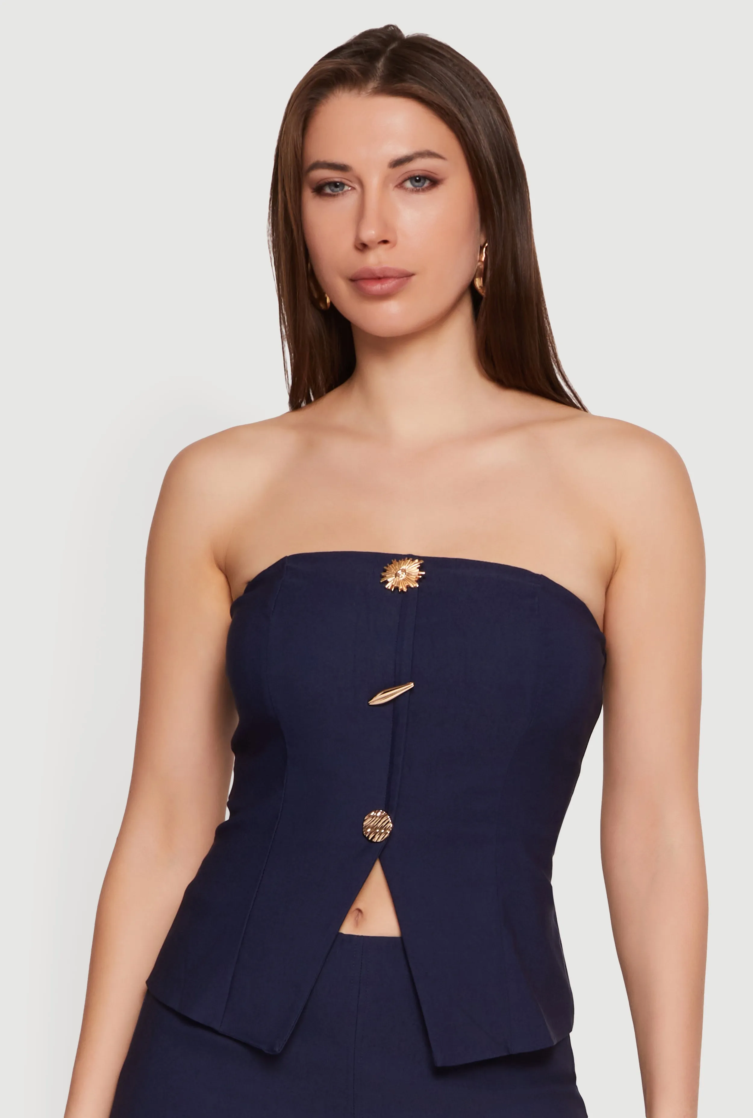 Metallic Button Detail Slit Front Tube Top sold by Rainbow