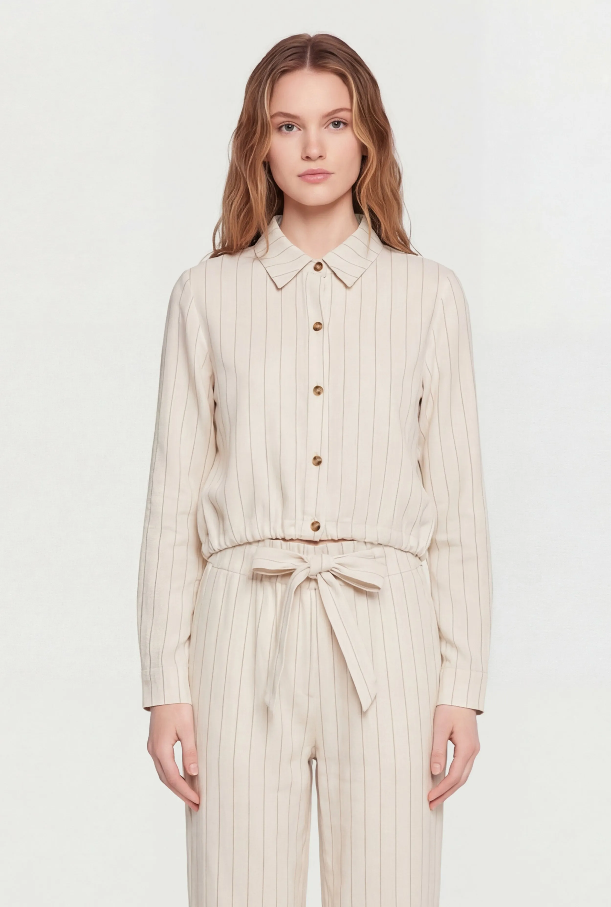 Linen Drawstring Hem Cropped Button Front Shirt sold by Rainbow product image thumbnail 2