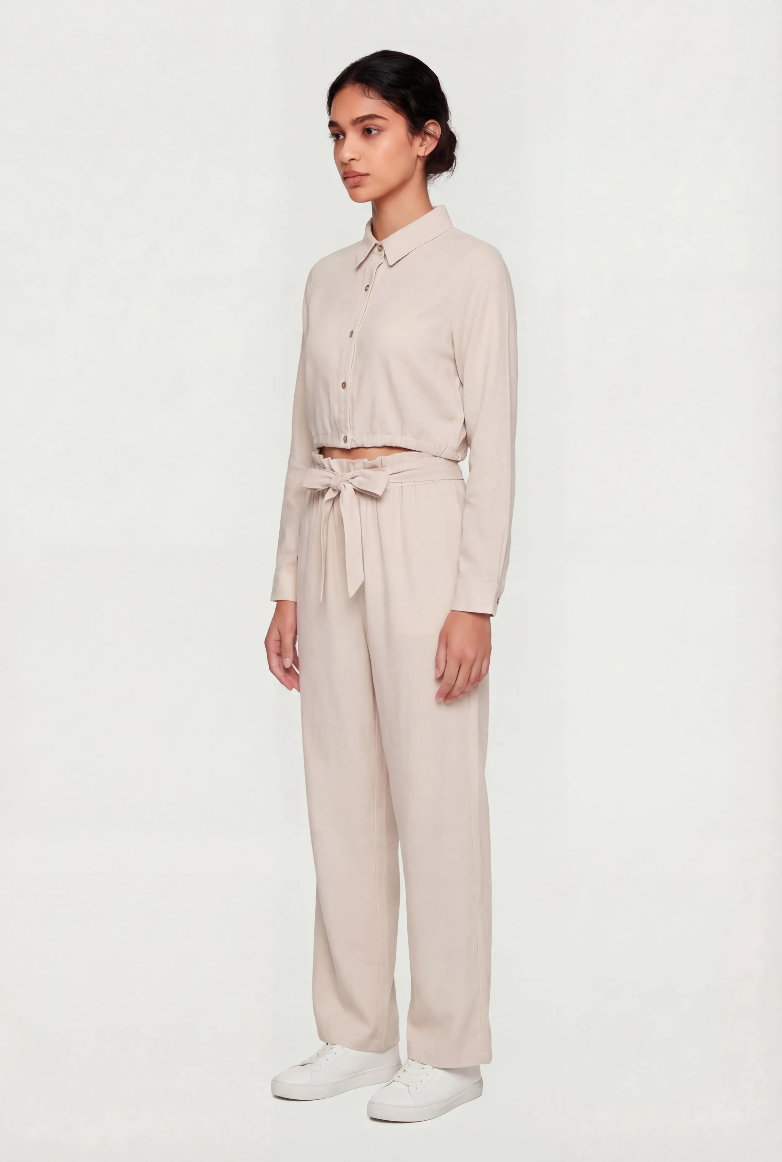 Linen Drawstring Hem Cropped Button Front Shirt sold by Rainbow product image thumbnail 3