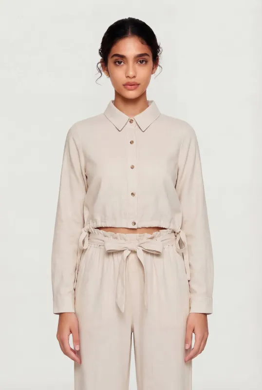 Linen Drawstring Hem Cropped Button Front Shirt made by Rainbow