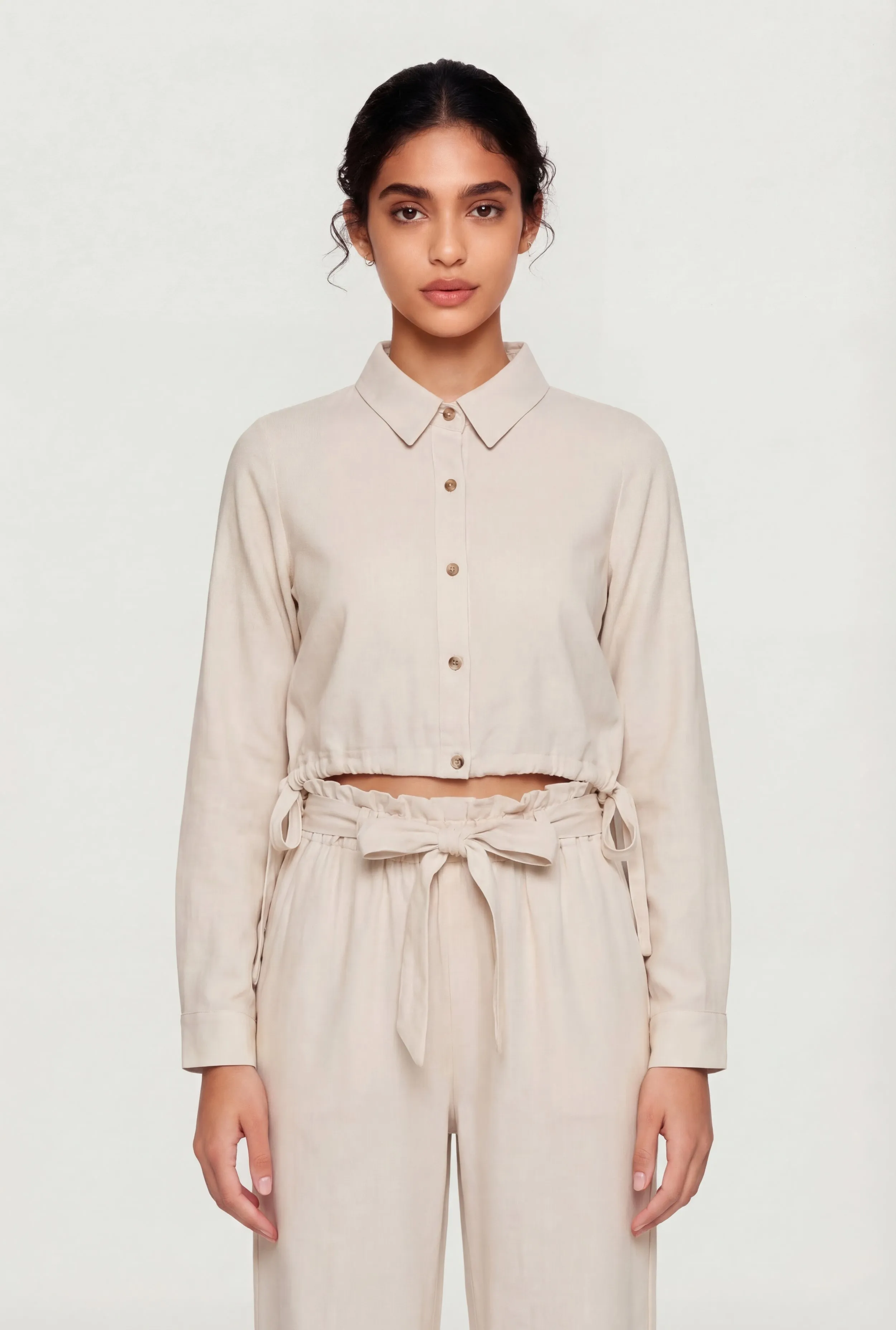 Linen Drawstring Hem Cropped Button Front Shirt sold by Rainbow