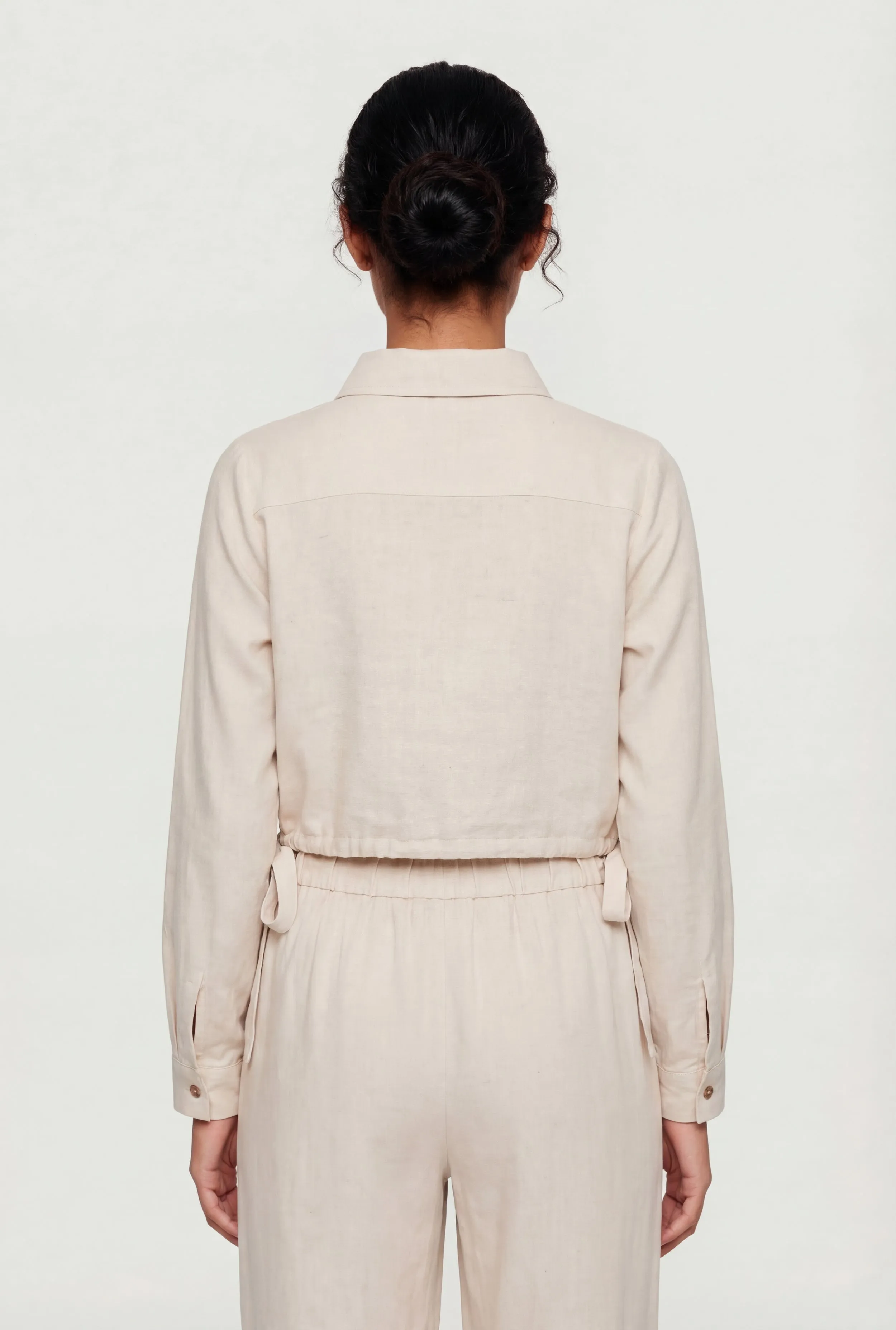 Linen Drawstring Hem Cropped Button Front Shirt sold by Rainbow product image thumbnail 5