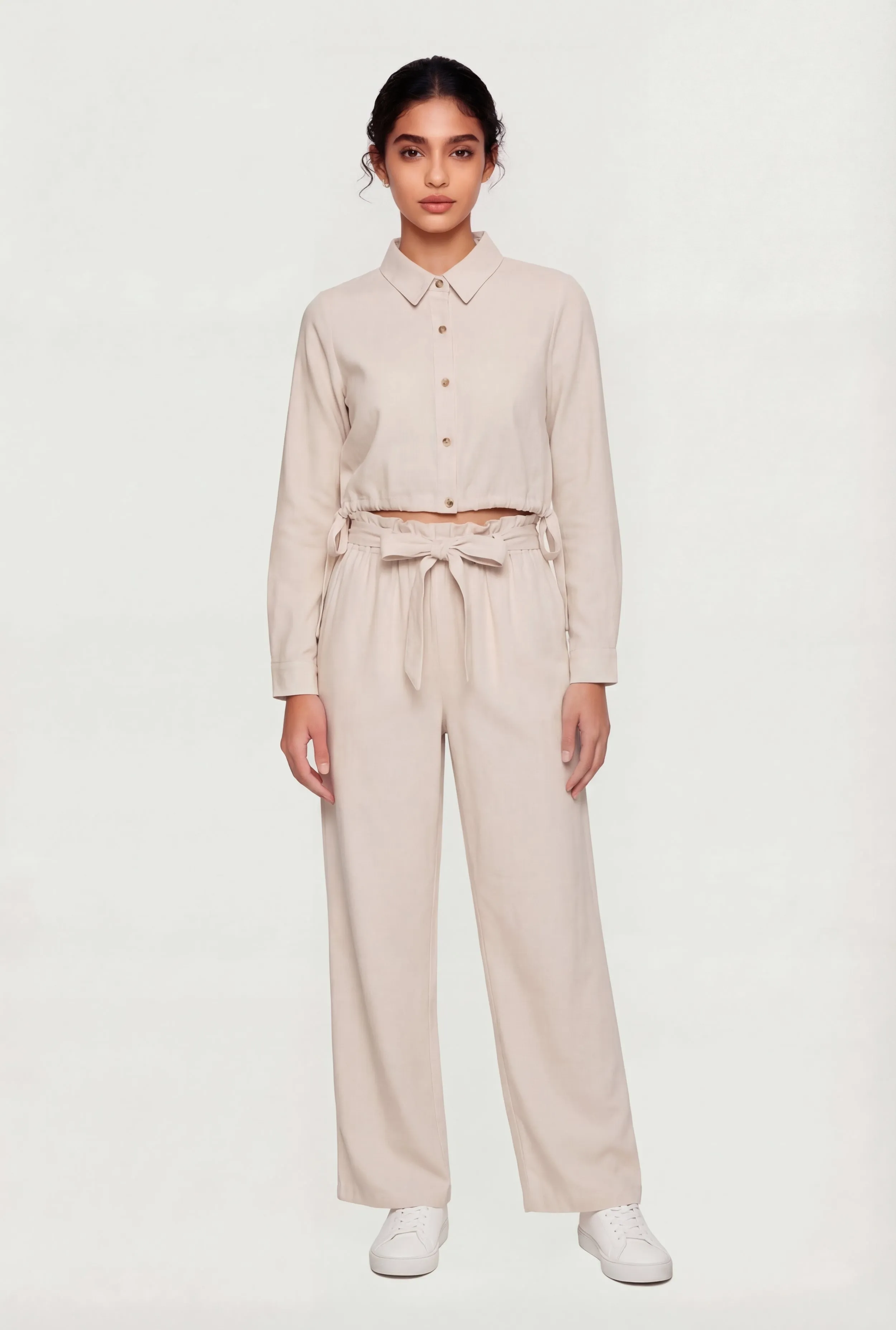 Linen Drawstring Hem Cropped Button Front Shirt sold by Rainbow product image thumbnail 2