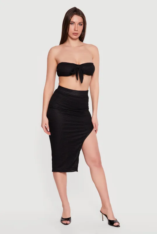 High Waisted Textured Knit Side Slit Midi Skirt made by Rainbow