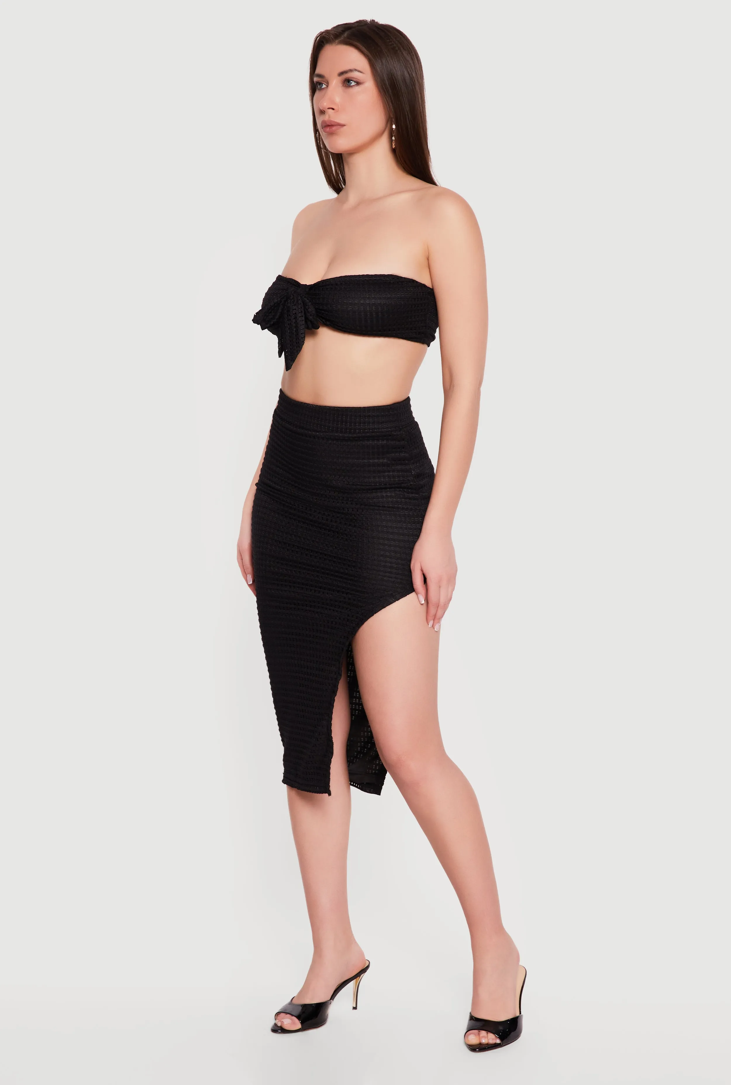 High Waisted Textured Knit Side Slit Midi Skirt sold by Rainbow product image thumbnail 2