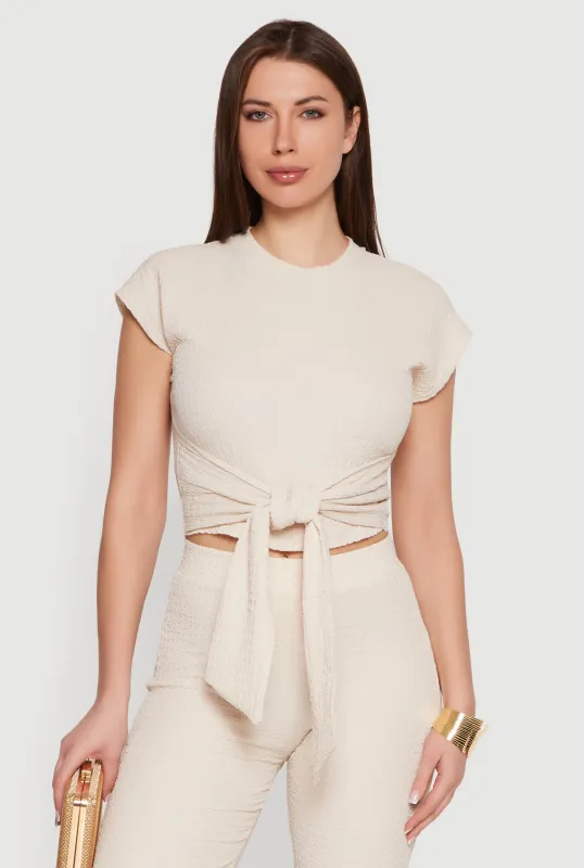 Textured Knit Tie Front Crop Top made by Rainbow