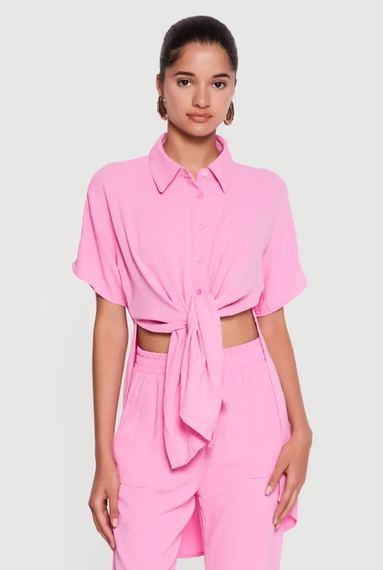 Crepe Knit Tie Front High Low Shirt made by Rainbow