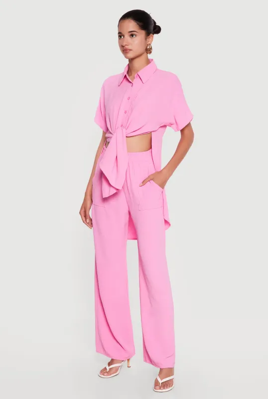 Crepe Knit Drawstring Detail Wide Leg Pants made by Rainbow