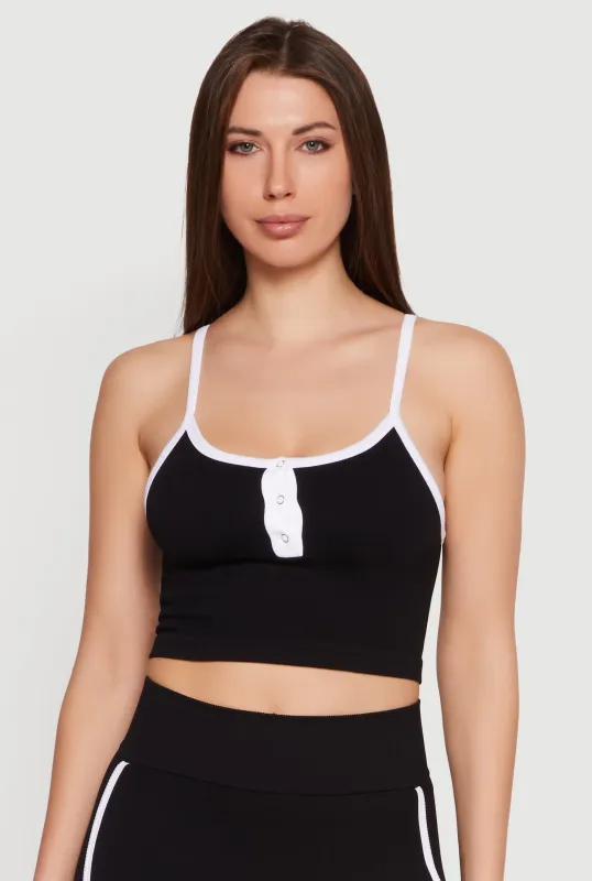Contrast Trim Button Front Crop Top made by Rainbow