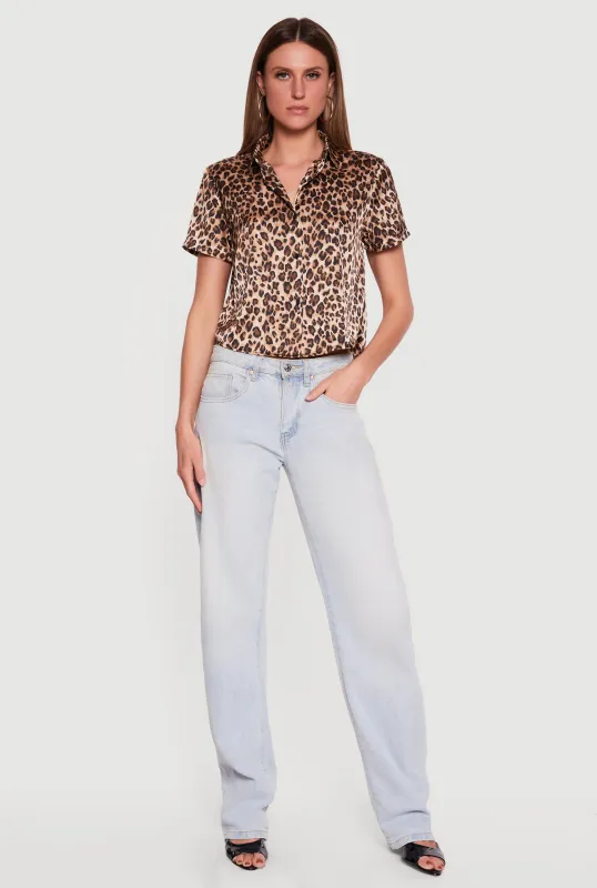 Satin Animal Print Short Sleeve Button Front Shirt made by Ambiance