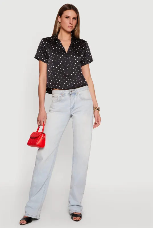 Polka Dot Satin Cropped Button Front Shirt made by Ambiance