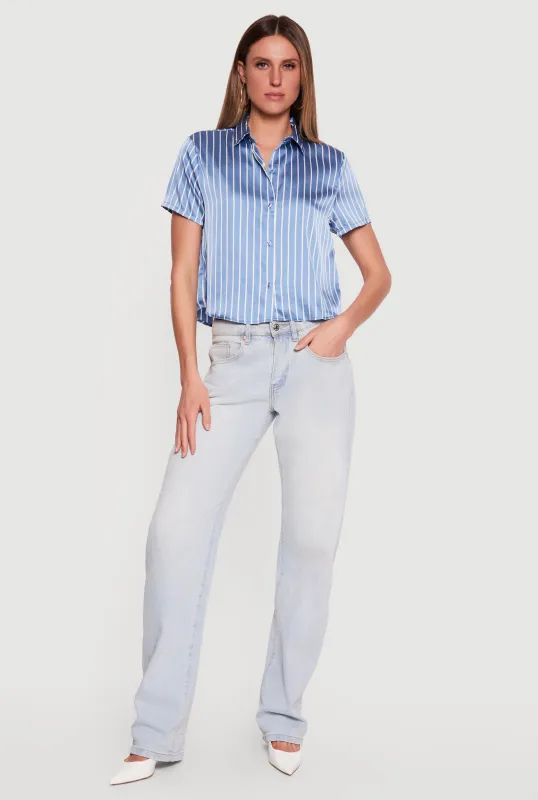 Striped Short Sleeve Collared Button Front Shirt made by Ambiance