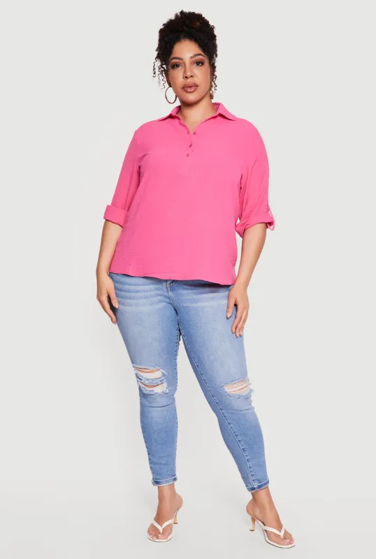 Plus Size Crepe Knit Short Sleeve Collared Blouse made by Rainbow