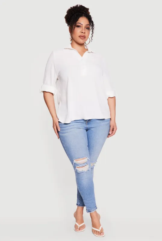 Plus Size Crepe Knit Short Sleeve Collared Blouse made by Rainbow