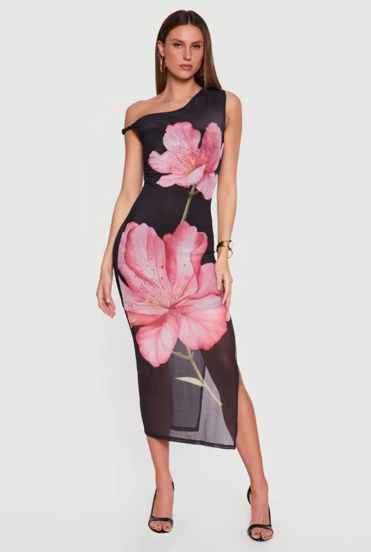 Floral Mesh Sleeveless One Shoulder Dress made by iris