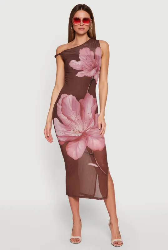 Floral Mesh Sleeveless One Shoulder Dress made by iris