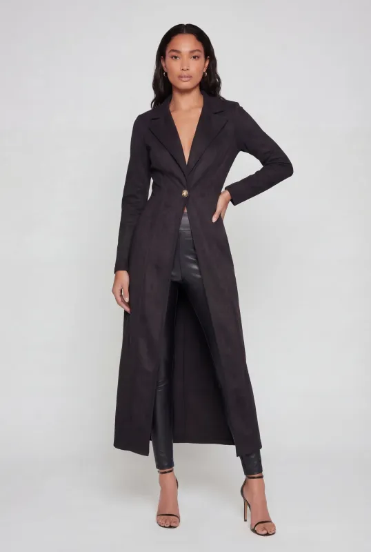 Faux Suede One Button Collared Long Jacket made by Rainbow