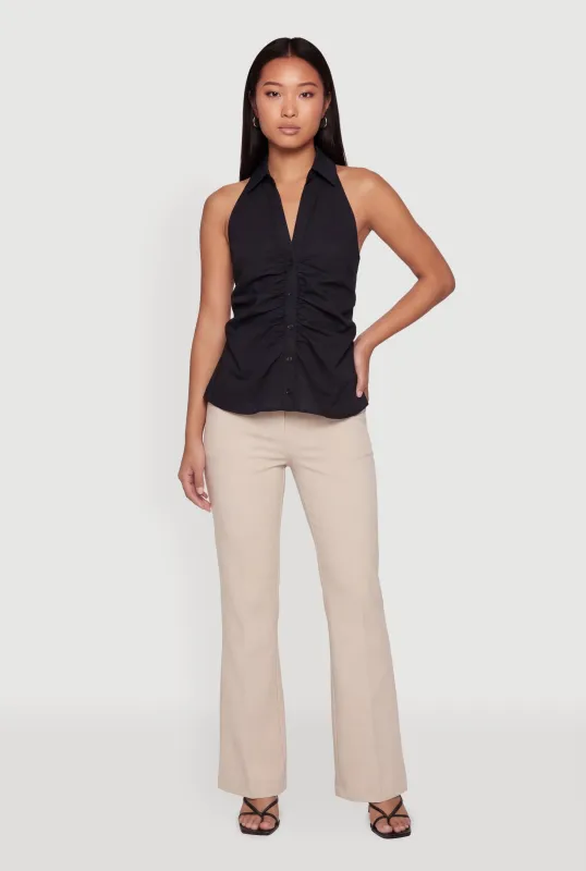 Collared Ruched Button Front Halter Top made by Haute Monde