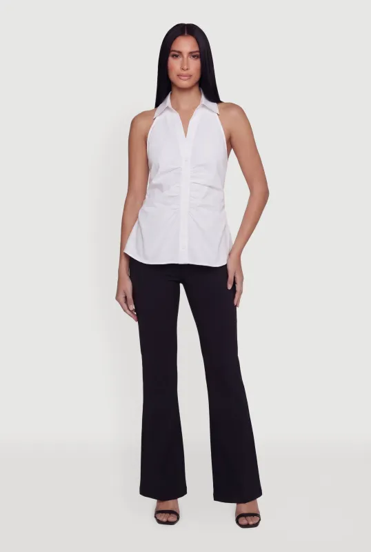 Collared Ruched Button Front Halter Top made by Haute Monde