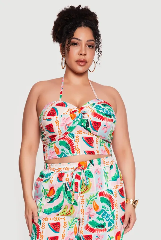 Plus Size Assorted Fruit Print Halter Crop Top made by Rainbow