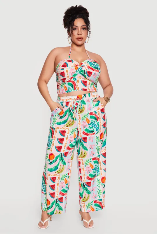 Plus Size Drawstring High Waisted Wide Leg Patterned Casual Pants made by Rainbow