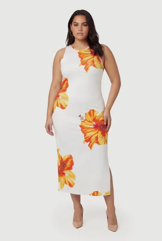 Plus Size Sleeveless Floral Print Dress with Side Slit made by Rainbow