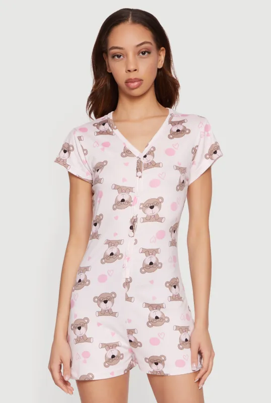 Good Night Bear Heart Print Pajama Romper made by Rainbow