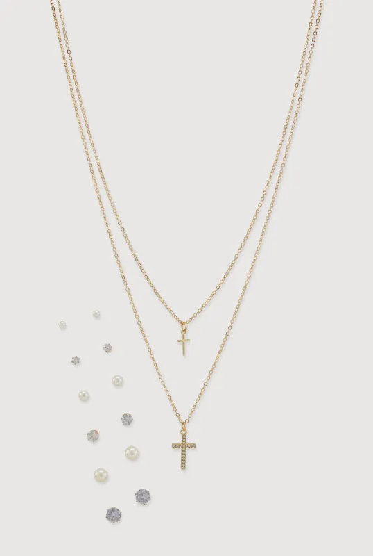 Cross Pendant Layered Necklace with Stud Earrings Set of 7 made by Rainbow
