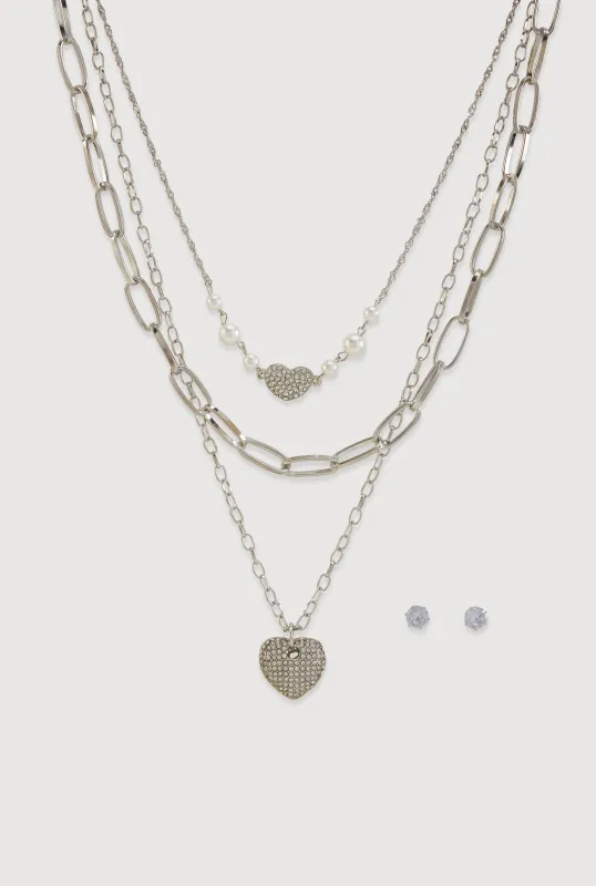 Heart Pendant Chain Link Layered Necklace and Stud Earrings made by Rainbow