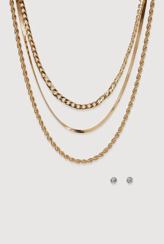 Layered Chain Necklace and Stud Earrings Set made by Rainbow