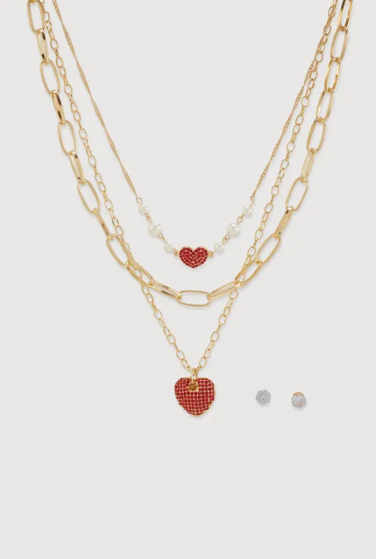 Heart Pendant Chain Link Layered Necklace and Stud Earrings made by Rainbow