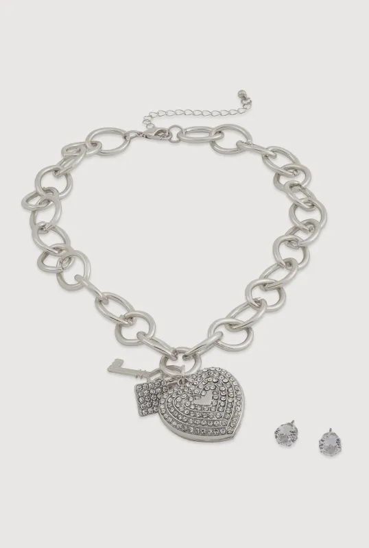 Lock and Key Heart Pendant Necklace and Stud Earrings made by Rainbow